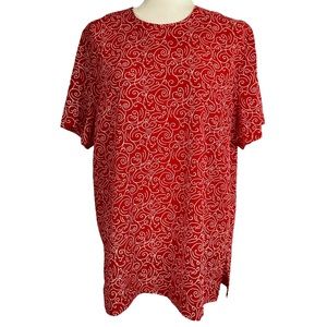 Orvis Red White Swirl Print Pullover Short Sleeve Blouse Top Size 14 Made in USA
